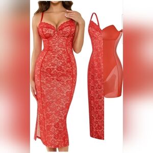 Popilush Women's Red Rose Floral Lace Corset Shapewear Tummy Control Dress Large